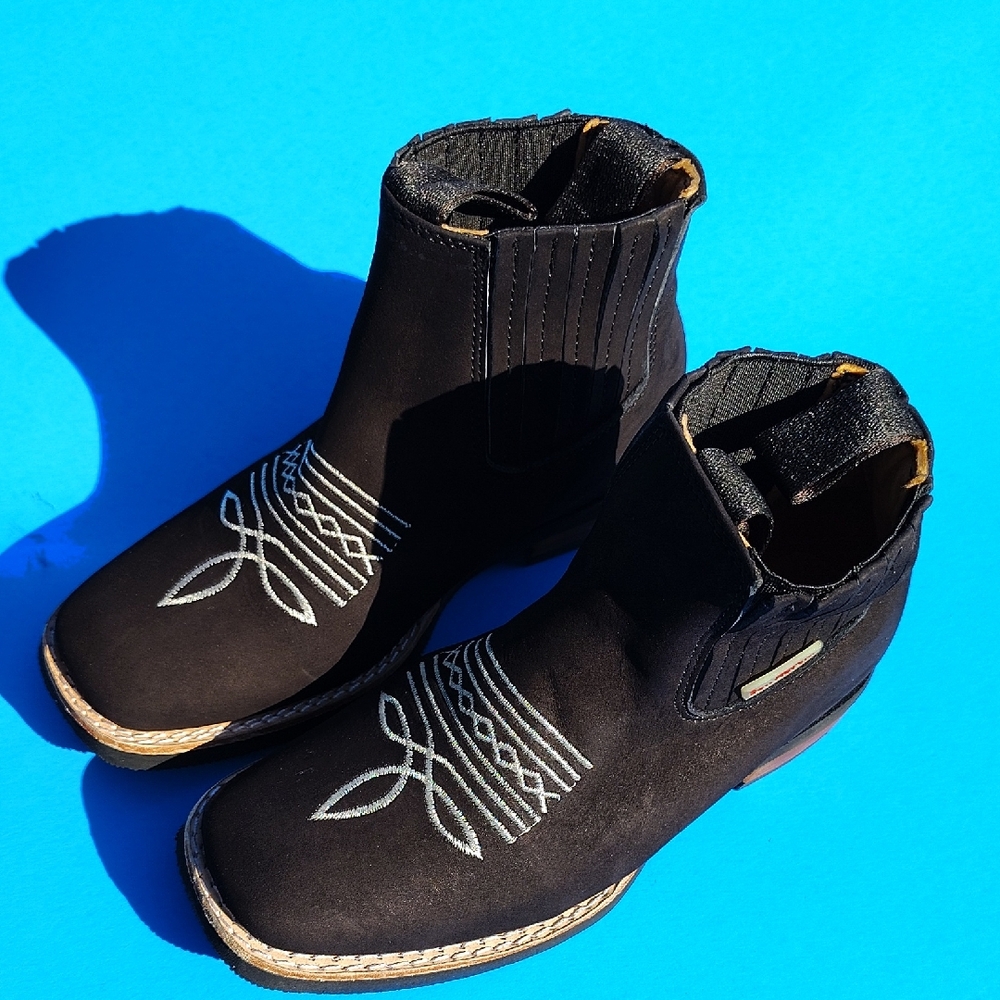( Boys ) Black Ankle Boots with White Embroidery.